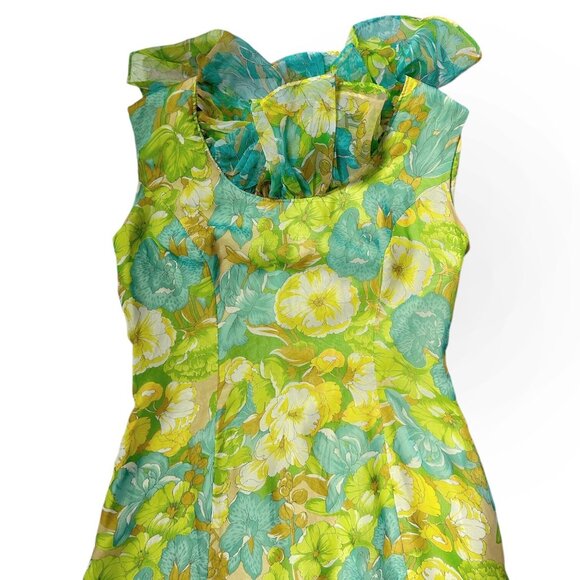 60s 70s Vintage Floral Maxi Dress Ruffle Neckline Collar Floorlength A-line. - Picture 10 of 14